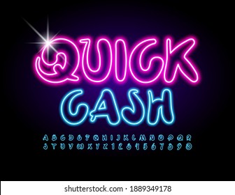 Vector creative logo Quick Cash. Blue glowing Font. Neon electric Alphabet Letters and Numbers set