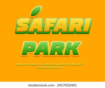 Vector creative logo Safari Park. Unique Yellow and Green Font. Bright artistic Alphabet Letters and Numbers set.