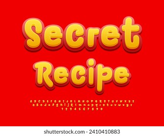 Receta secreta con el logotipo creativo del vector. Fuente divertida amarilla y roja. Juego de letras y números de alfabeto luminoso. 