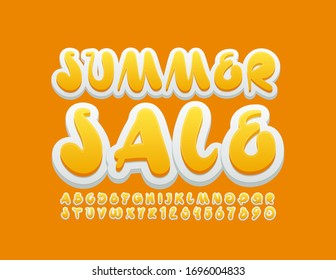 Logo creativo vector Summer Sale. Fuente amarilla manuscrita. Letras y números de alfabeto modernos.
