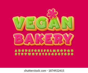 Vector creative logo Vegan Bakery. Green Glazed Font. Donut Cake Alphabet Letters and Numbers