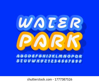 Vector creative logo Water Park. Blue Sticker Font. Handwritten Alphabet Letters and Numbers