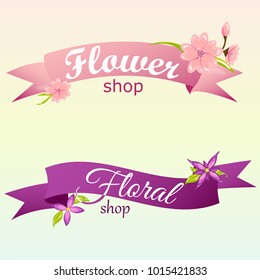 Vector creative logos for floral shop with banner, flowers and leaves in purple and pink colors