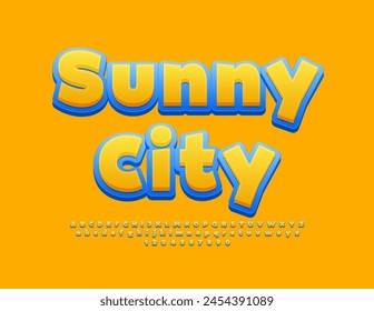 Vector creative logotype Sunny City. Artistic Yellow and Blue Font. Bright Artistic Alphabet Letters and Numbers set.