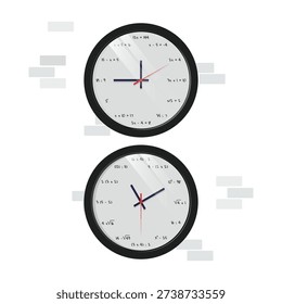Vector of creative mathematics wall clock illustration featuring algebraic equations and mathematical expressions replacing traditional numbers