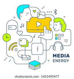 Vector creative media illustration on white color background. Concept with people head, different icon and text. Line art style design for web, site, banner, poster