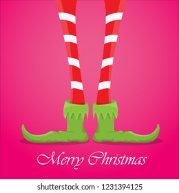 vector creative merry christmas greeting card with cartoon elf's legs, elf shoes and christmas stripped stocking on pink background . Vector merry christmas background