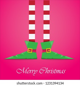 vector creative merry christmas greeting card with cartoon elf's legs, elf shoes and christmas stripped stocking on pink background . Vector merry christmas background