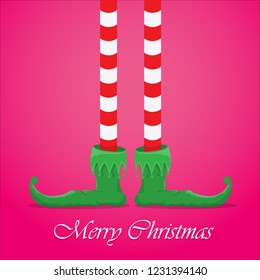 vector creative merry christmas greeting card with cartoon elf's legs, elf shoes and christmas stripped stocking on pink background . Vector merry christmas background