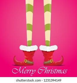 vector creative merry christmas greeting card with cartoon elf's legs, elf shoes and christmas stripped stocking on pink background . Vector merry christmas background