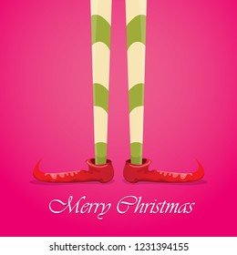 vector creative merry christmas greeting card with cartoon elf's legs, elf shoes and christmas stripped stocking on pink background . Vector merry christmas background