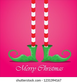 vector creative merry christmas greeting card with cartoon elf's legs, elf shoes and christmas stripped stocking on pink background . Vector merry christmas background