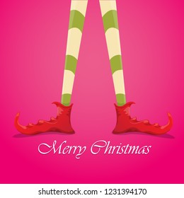vector creative merry christmas greeting card with cartoon elf's legs, elf shoes and christmas stripped stocking on pink background . Vector merry christmas background