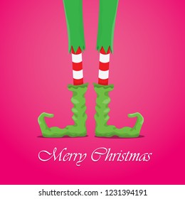 vector creative merry christmas greeting card with cartoon elf's legs, elf shoes and christmas stripped stocking on pink background . Vector merry christmas background