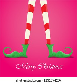 vector creative merry christmas greeting card with cartoon elf's legs, elf shoes and christmas stripped stocking on pink background . Vector merry christmas background