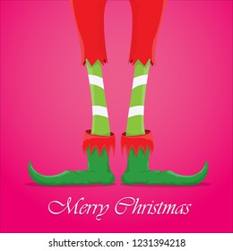 vector creative merry christmas greeting card with cartoon elf's legs, elf shoes and christmas stripped stocking on pink background . Vector merry christmas background