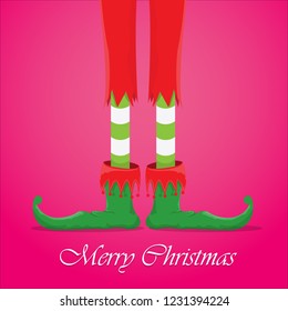 vector creative merry christmas greeting card with cartoon elf's legs, elf shoes and christmas stripped stocking on pink background . Vector merry christmas background