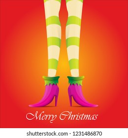 vector creative merry christmas greeting card with cartoon elf girls legs and greeting calligraphic text Merry christmas isolated on orange. Vector merry christmas background with elf girl