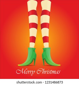 vector creative merry christmas greeting card with cartoon elf girls legs and greeting calligraphic text Merry christmas isolated on orange. Vector merry christmas background with elf girl