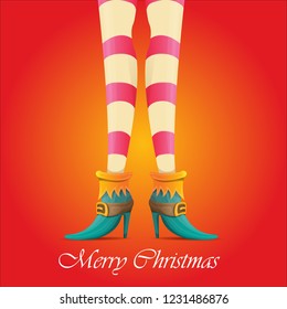 vector creative merry christmas greeting card with cartoon elf girls legs and greeting calligraphic text Merry christmas isolated on orange. Vector merry christmas background with elf girl