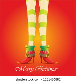 vector creative merry christmas greeting card with cartoon elf girls legs and greeting calligraphic text Merry christmas isolated on orange. Vector merry christmas background with elf girl
