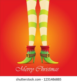 vector creative merry christmas greeting card with cartoon elf girls legs and greeting calligraphic text Merry christmas isolated on orange. Vector merry christmas background with elf girl
