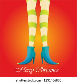 vector creative merry christmas greeting card with cartoon elf girls legs and greeting calligraphic text Merry christmas isolated on orange. Vector merry christmas background with elf girl