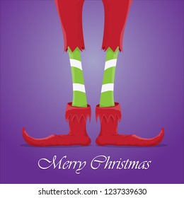 vector creative merry christmas greeting card with cartoon elf's legs, elf shoes and christmas stripped stocking on violet background . Vector merry christmas background