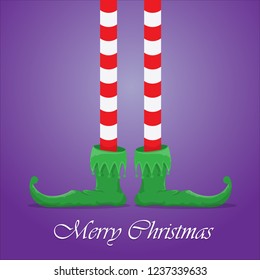 vector creative merry christmas greeting card with cartoon elf's legs, elf shoes and christmas stripped stocking on violet background . Vector merry christmas background