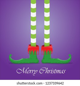 vector creative merry christmas greeting card with cartoon elf's legs, elf shoes and christmas stripped stocking on violet background . Vector merry christmas background