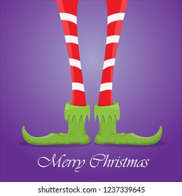 vector creative merry christmas greeting card with cartoon elf's legs, elf shoes and christmas stripped stocking on violet background . Vector merry christmas background