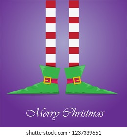 vector creative merry christmas greeting card with cartoon elf's legs, elf shoes and christmas stripped stocking on violet background . Vector merry christmas background