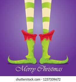 vector creative merry christmas greeting card with cartoon elf's legs, elf shoes and christmas stripped stocking on violet background . Vector merry christmas background