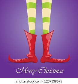 vector creative merry christmas greeting card with cartoon elf's legs, elf shoes and christmas stripped stocking on violet background . Vector merry christmas background