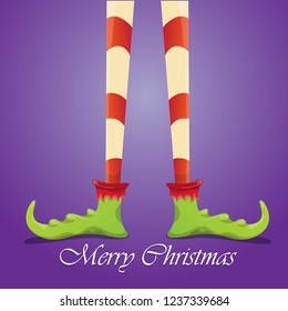 vector creative merry christmas greeting card with cartoon elf's legs, elf shoes and christmas stripped stocking on violet background . Vector merry christmas background