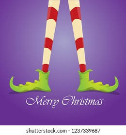 vector creative merry christmas greeting card with cartoon elf's legs, elf shoes and christmas stripped stocking on violet background . Vector merry christmas background