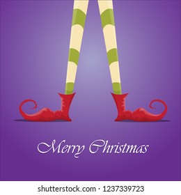 vector creative merry christmas greeting card with cartoon elf's legs, elf shoes and christmas stripped stocking on violet background . Vector merry christmas background