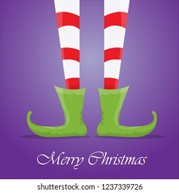 vector creative merry christmas greeting card with cartoon elf's legs, elf shoes and christmas stripped stocking on violet background . Vector merry christmas background