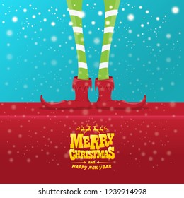 vector creative merry christmas greeting card with cartoon elf's legs, elf shoes and christmas stripped stocking on falling snow in sky. Vector merry christmas background