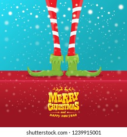 vector creative merry christmas greeting card with cartoon elf's legs, elf shoes and christmas stripped stocking on falling snow in sky. Vector merry christmas background