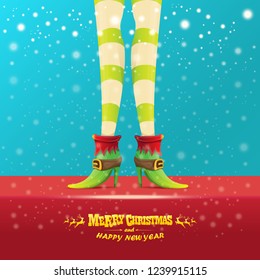 vector creative merry christmas greeting card with cartoon elf hot girls legs, falling snow, lights and greeting calligraphic text Merry christmas. Christmas girl