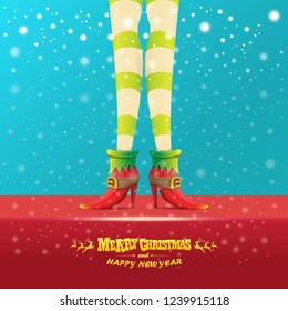 vector creative merry christmas greeting card with cartoon elf hot girls legs, falling snow, lights and greeting calligraphic text Merry christmas. Christmas girl