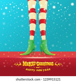 vector creative merry christmas greeting card with cartoon elf hot girls legs, falling snow, lights and greeting calligraphic text Merry christmas. Christmas girl