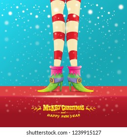 vector creative merry christmas greeting card with cartoon elf hot girls legs, falling snow, lights and greeting calligraphic text Merry christmas. Christmas girl