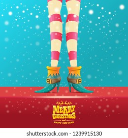 vector creative merry christmas greeting card with cartoon elf hot girls legs, falling snow, lights and greeting calligraphic text Merry christmas. Christmas girl