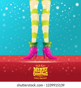 vector creative merry christmas greeting card with cartoon elf hot girls legs, falling snow, lights and greeting calligraphic text Merry christmas. Christmas girl