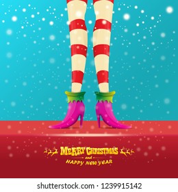 vector creative merry christmas greeting card with cartoon elf hot girls legs, falling snow, lights and greeting calligraphic text Merry christmas. Christmas girl