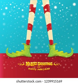 vector creative merry christmas greeting card with cartoon elf's legs, elf shoes and christmas stripped stocking on falling snow in sky. Vector merry christmas background