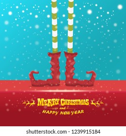 vector creative merry christmas greeting card with cartoon elf's legs, elf shoes and christmas stripped stocking on falling snow in sky. Vector merry christmas background