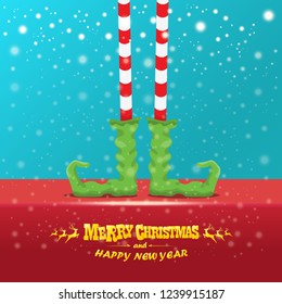 vector creative merry christmas greeting card with cartoon elf's legs, elf shoes and christmas stripped stocking on falling snow in sky. Vector merry christmas background